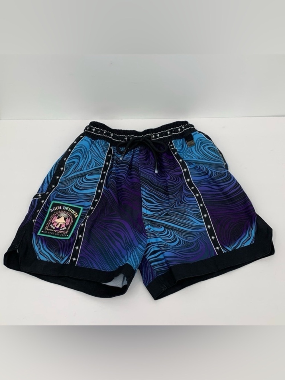 Agua Bendita Luke Eter swim shorts trunks blue purple swirl patch boys new 12